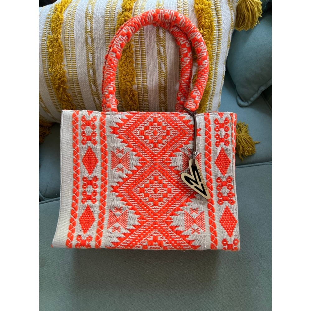 Women's MARIA VICTORIA Orange Silver Embroidered Tote Bag One Size